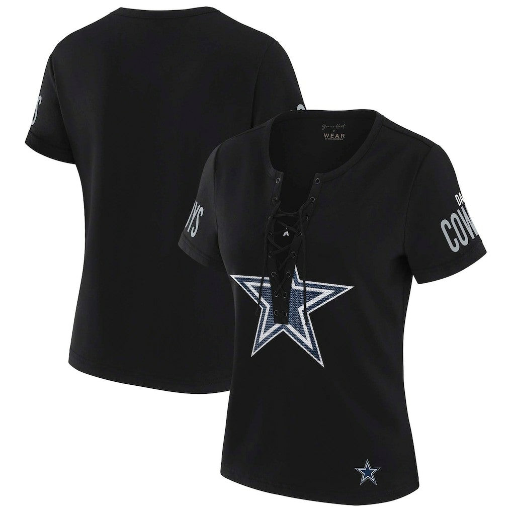 Dallas Cowboys WEAR by Erin Andrews x Gracie Hunt Women's Draft Me Lace-Up T-Shirt Black - NFL