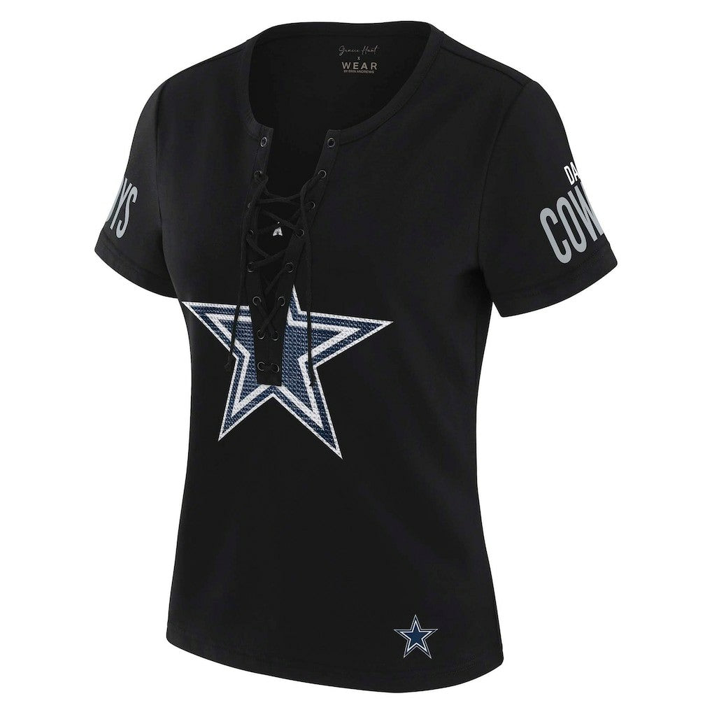 Dallas Cowboys WEAR by Erin Andrews x Gracie Hunt Women's Draft Me Lace-Up T-Shirt Black - NFL