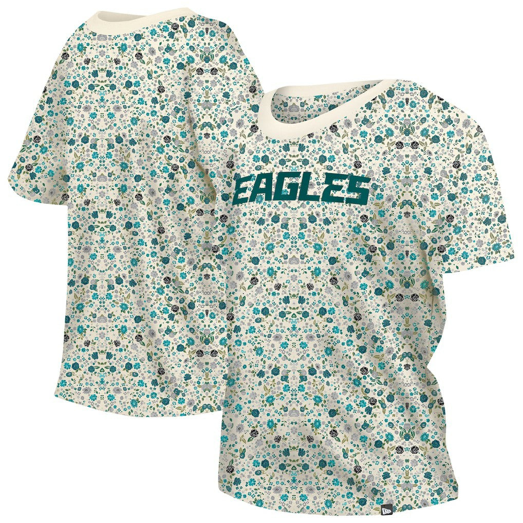 Philadelphia Eagles New Era Women's Glam Game Floral Scoop Neck T-Shirt Cream - NFL