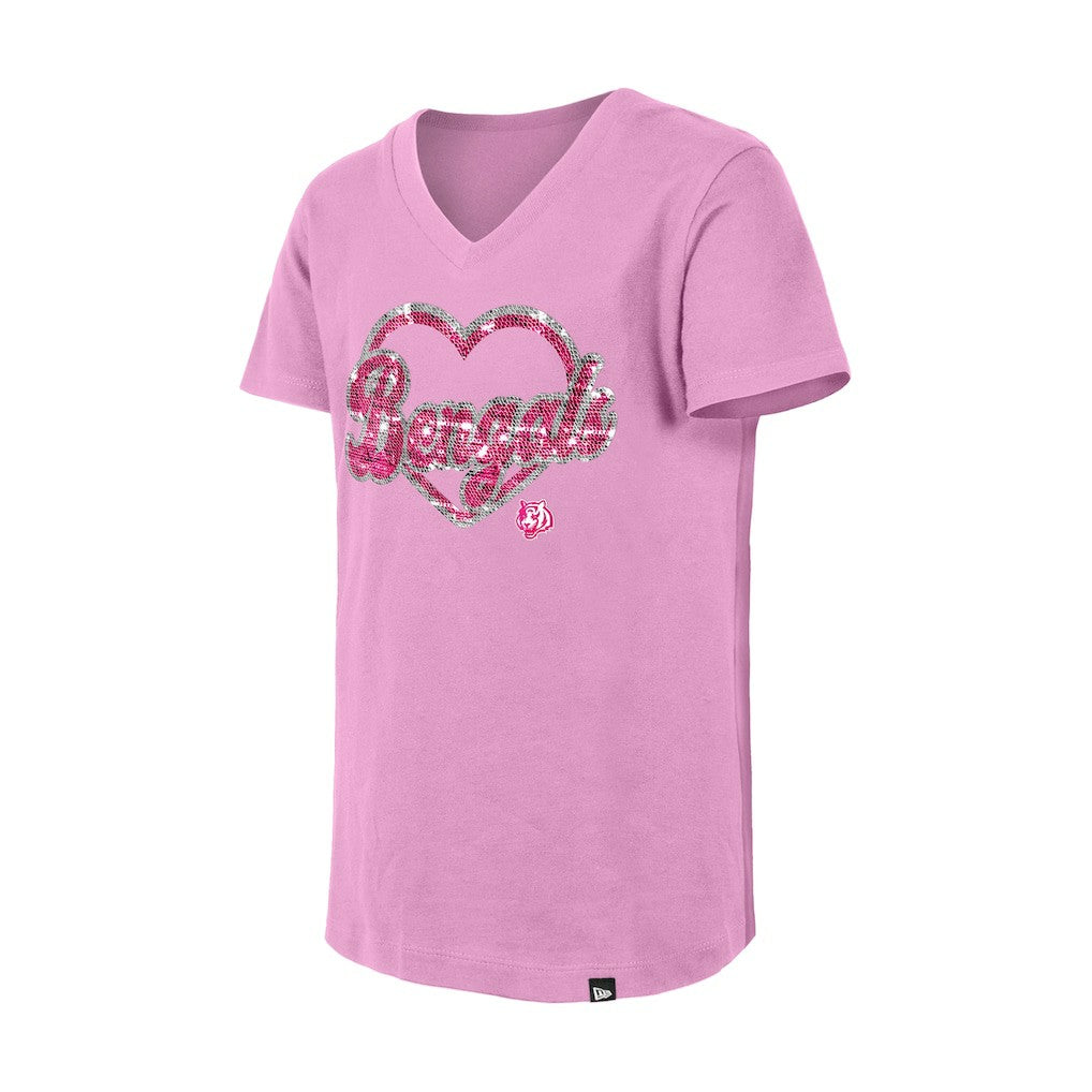Cincinnati Bengals New Era Girls Youth Flip Sequins V-Neck T-Shirt Pink - NFL