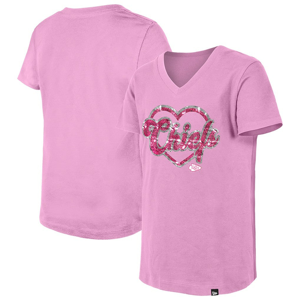Kansas City Chiefs New Era Girls Youth Flip Sequins V-Neck T-Shirt Pink - NFL