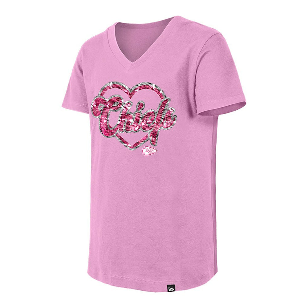 Kansas City Chiefs New Era Girls Youth Flip Sequins V-Neck T-Shirt Pink - NFL