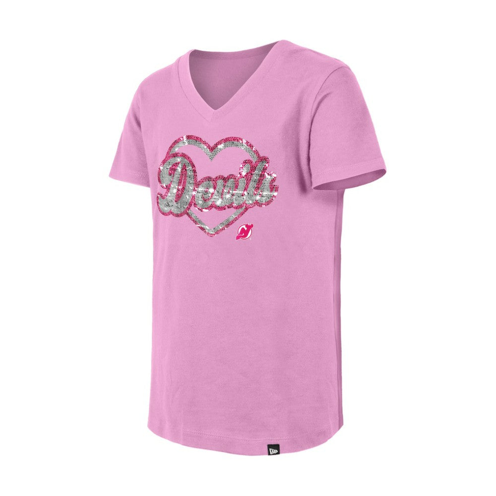 New Jersey Devils - New Era Girl's Youth Flip Sequin V-Neck T-Shirt Pink