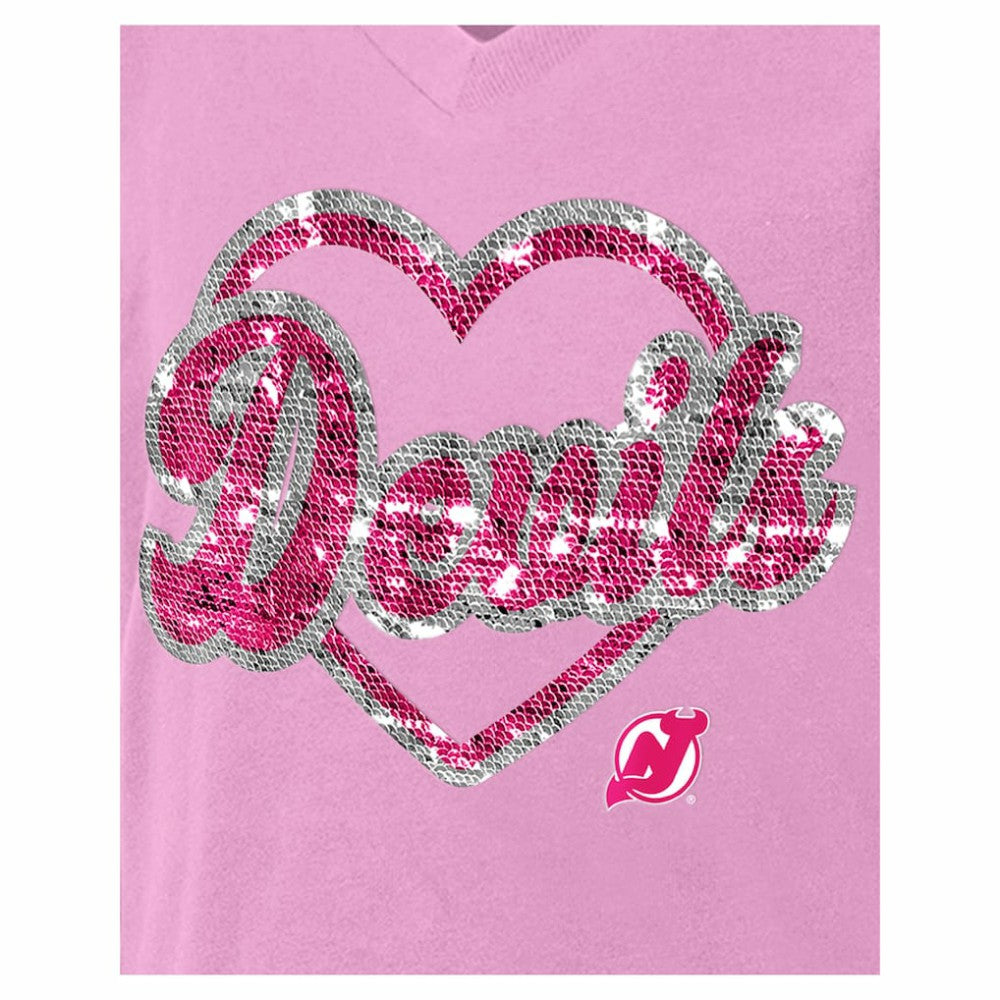 New Jersey Devils - New Era Girl's Youth Flip Sequin V-Neck T-Shirt Pink