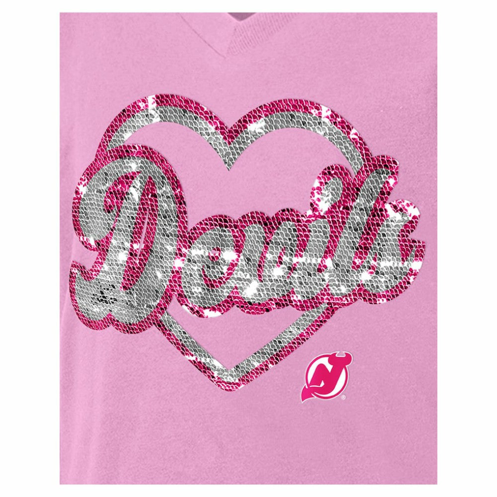 New Jersey Devils - New Era Girl's Youth Flip Sequin V-Neck T-Shirt Pink