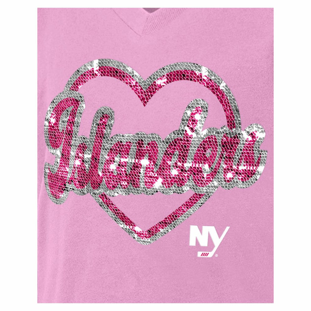 New York Islanders - New Era Girl's Youth Flip Sequin V-Neck T-Shirt Pink