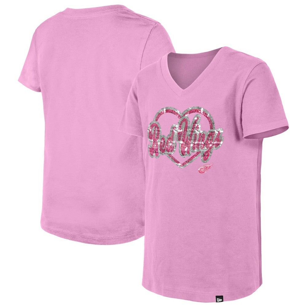 Detroit Red Wings - New Era Girl's Youth Flip Sequin V-Neck T-Shirt Pink