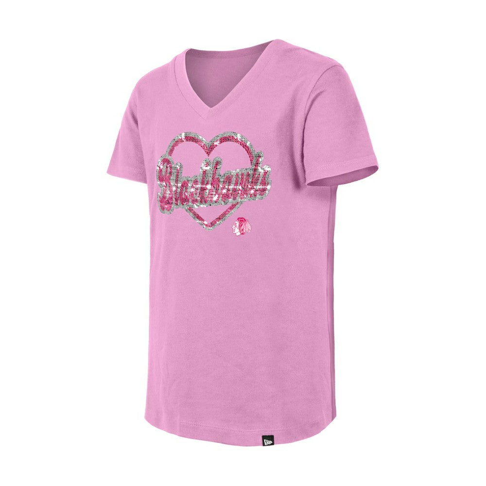 Chicago Blackhawks New Era Girl's Youth Flip Sequin V-Neck T-Shirt Pink