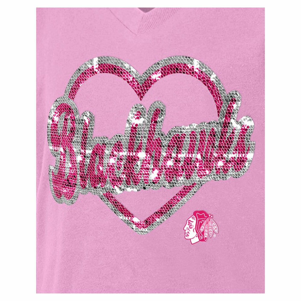 Chicago Blackhawks New Era Girl's Youth Flip Sequin V-Neck T-Shirt Pink