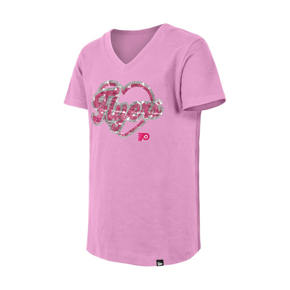Philadelphia Flyers - New Era Girl's Youth Flip Sequin V-Neck T-Shirt Pink