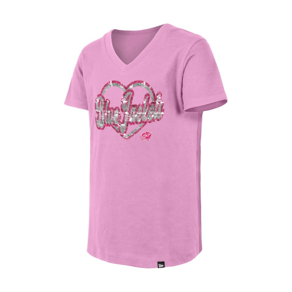 Columbus Blue Jackets - New Era Girl's Youth Flip Sequin V-Neck T-Shirt Pink