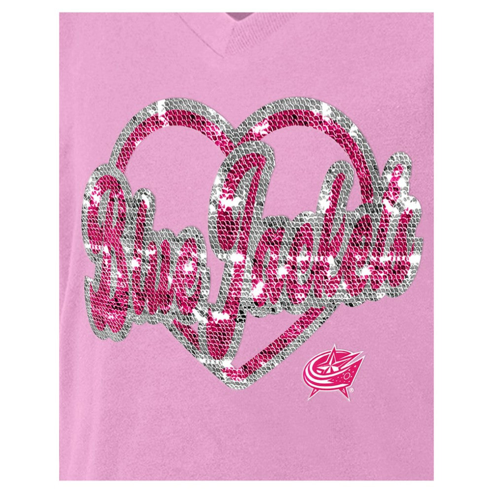 Columbus Blue Jackets - New Era Girl's Youth Flip Sequin V-Neck T-Shirt Pink