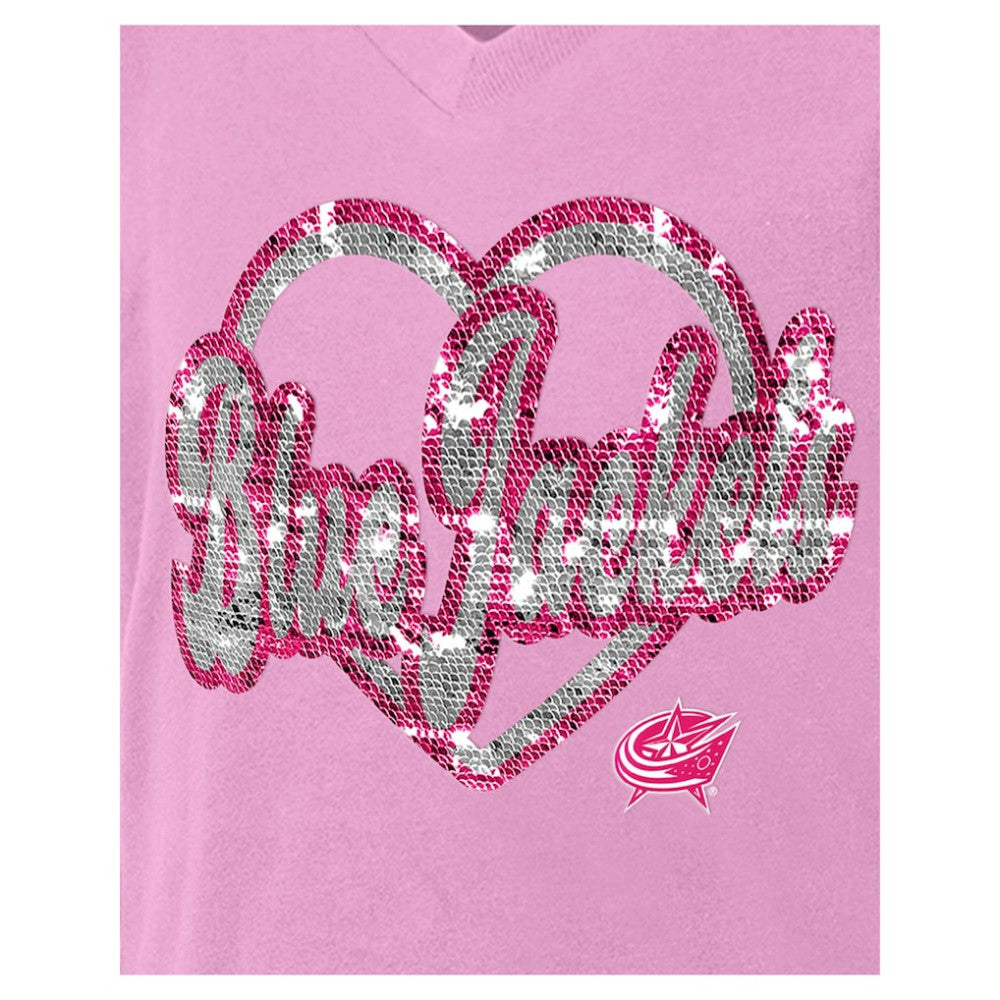 Columbus Blue Jackets - New Era Girl's Youth Flip Sequin V-Neck T-Shirt Pink