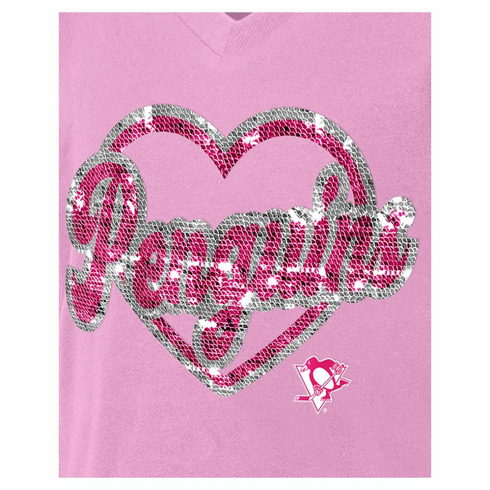 Pittsburgh Penguins New Era Girl's Youth Flip Sequin V-Neck T-Shirt Pink