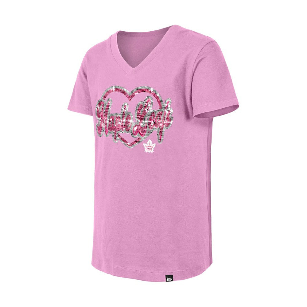 Toronto Maple Leafs - New Era Girl's Youth Flip Sequin V-Neck T-Shirt Pink