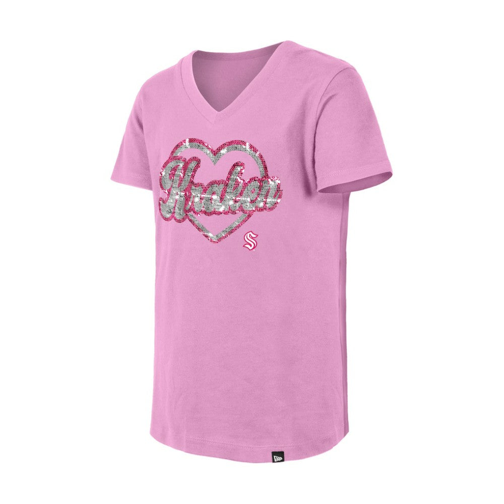 Seattle Kraken New Era Girl's Youth Flip Sequin V-Neck T-Shirt Pink