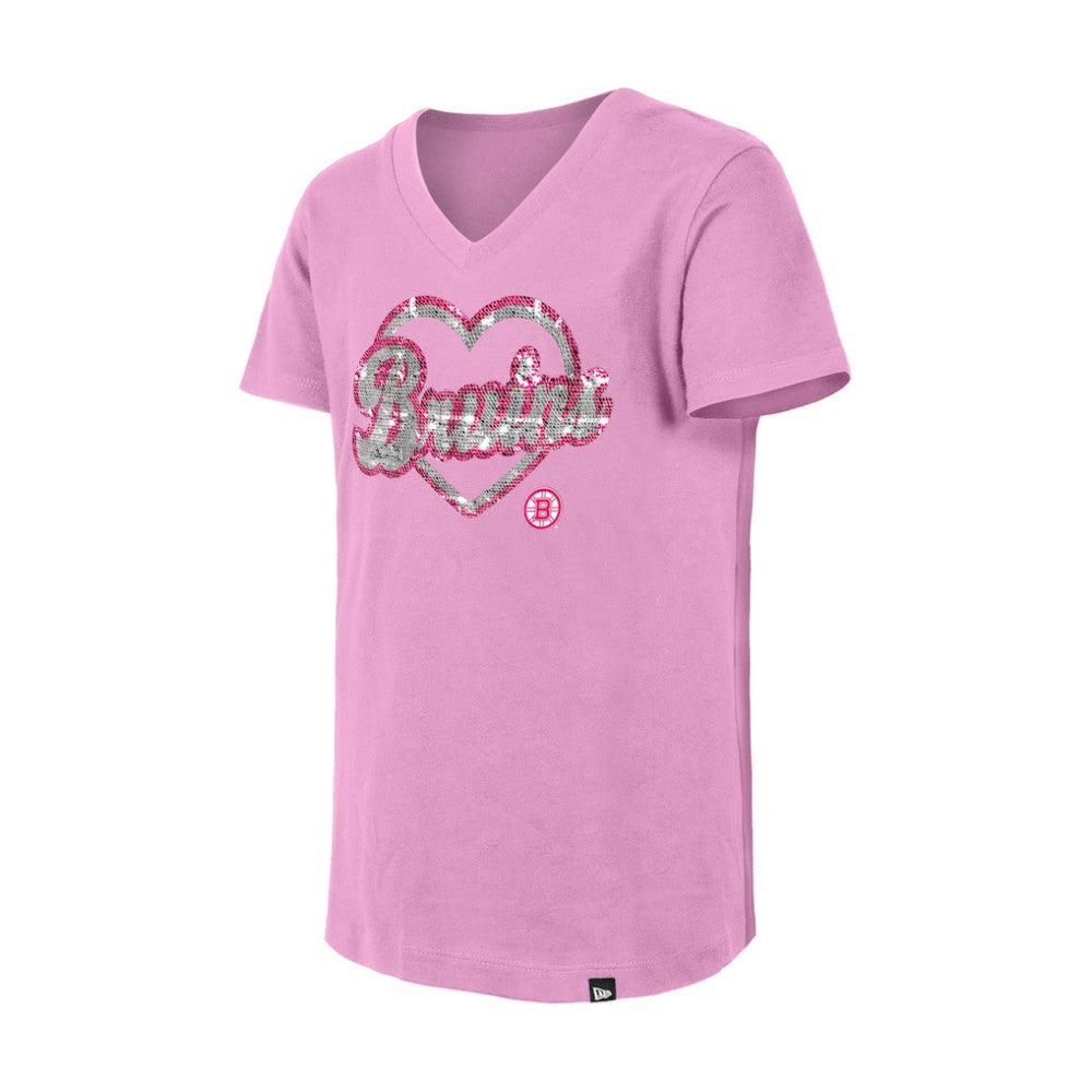 Boston Bruins New Era Girl's Youth Flip Sequin V-Neck T-Shirt Pink
