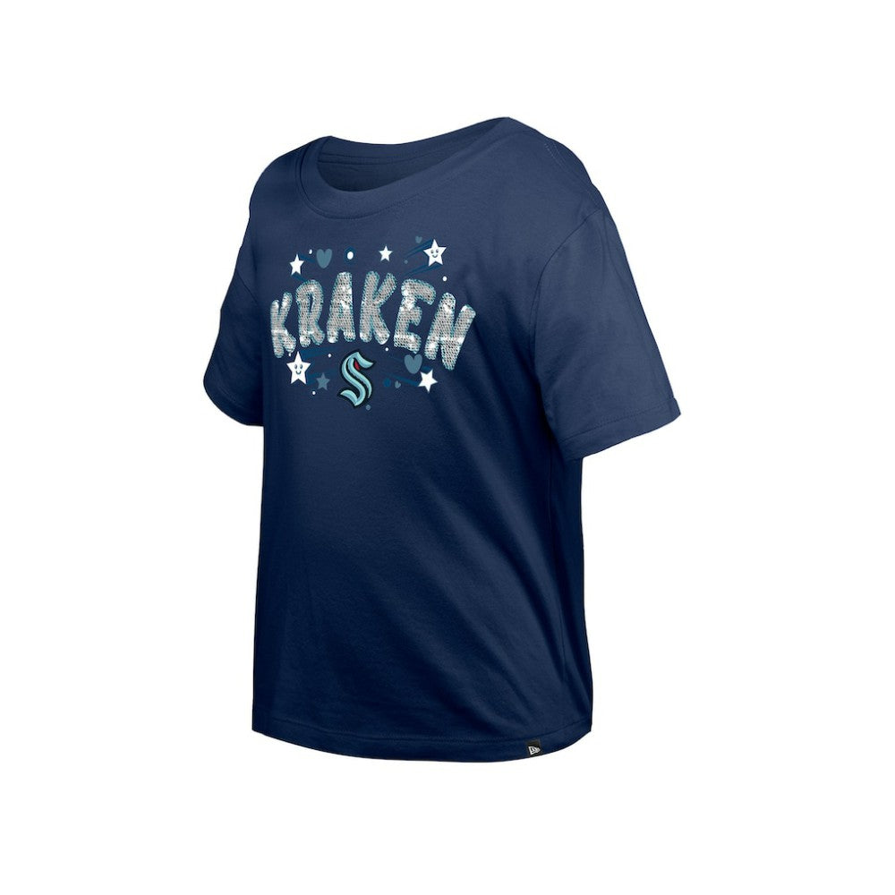 Seattle Kraken New Era Girl's Youth Flip Sequin T-Shirt Deep Sea Blue