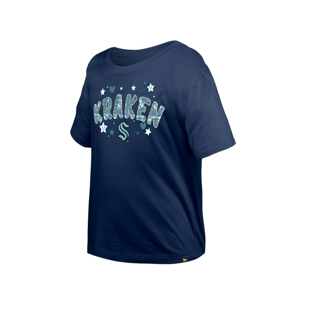 Seattle Kraken New Era Girl's Youth Flip Sequin T-Shirt Deep Sea Blue