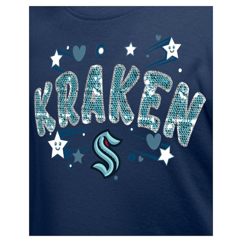 Seattle Kraken New Era Girl's Youth Flip Sequin T-Shirt Deep Sea Blue