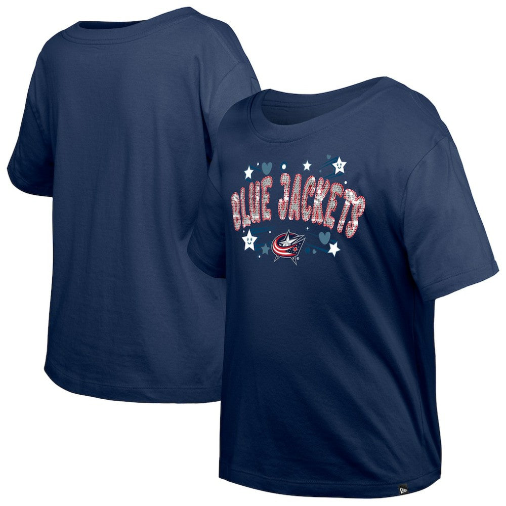 Columbus Blue Jackets - New Era Girl's Youth Flip Sequin T-Shirt Navy