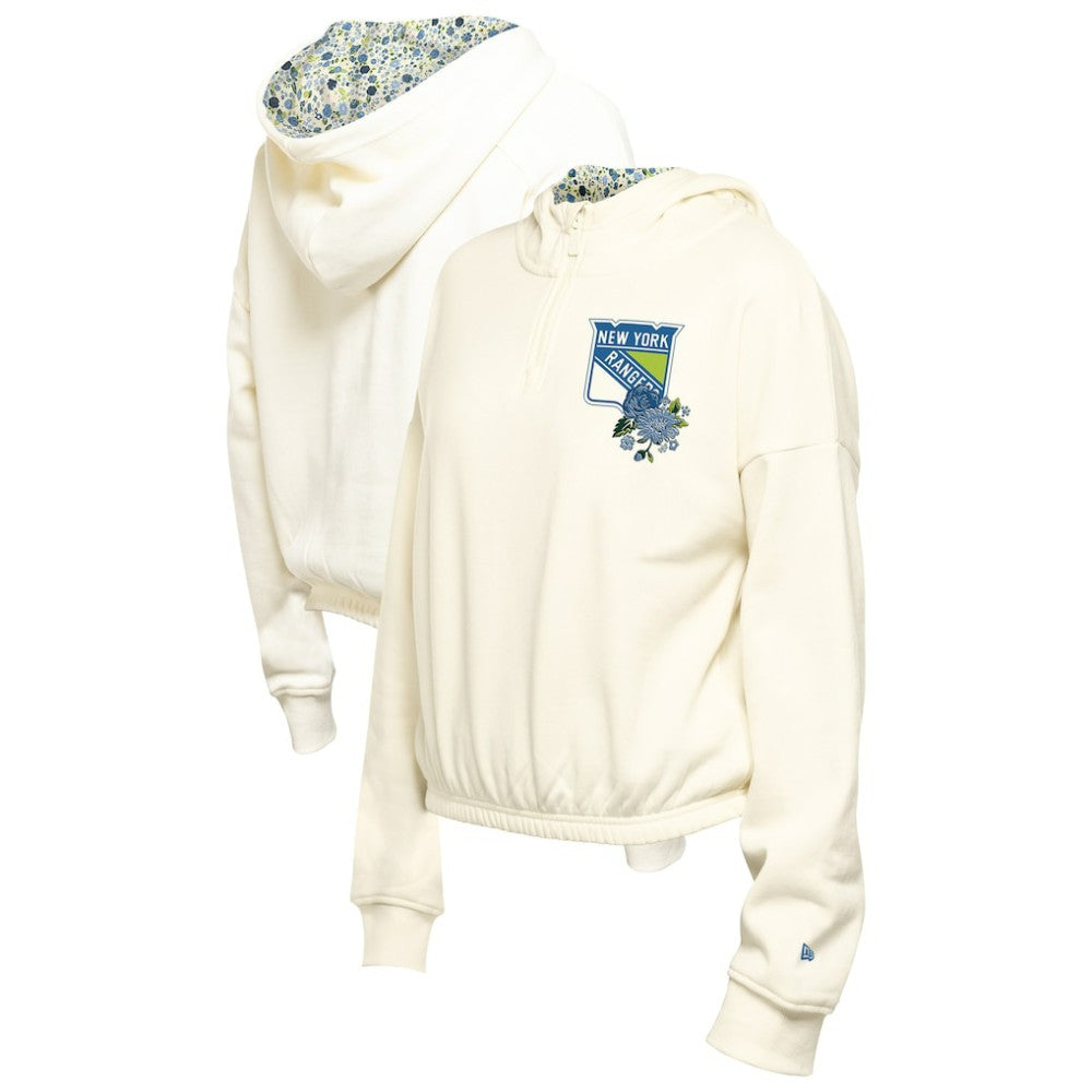 New York Rangers New Era Women's Glam Game Quarter-Zip Cropped Floral Hoodie Pullover Cream