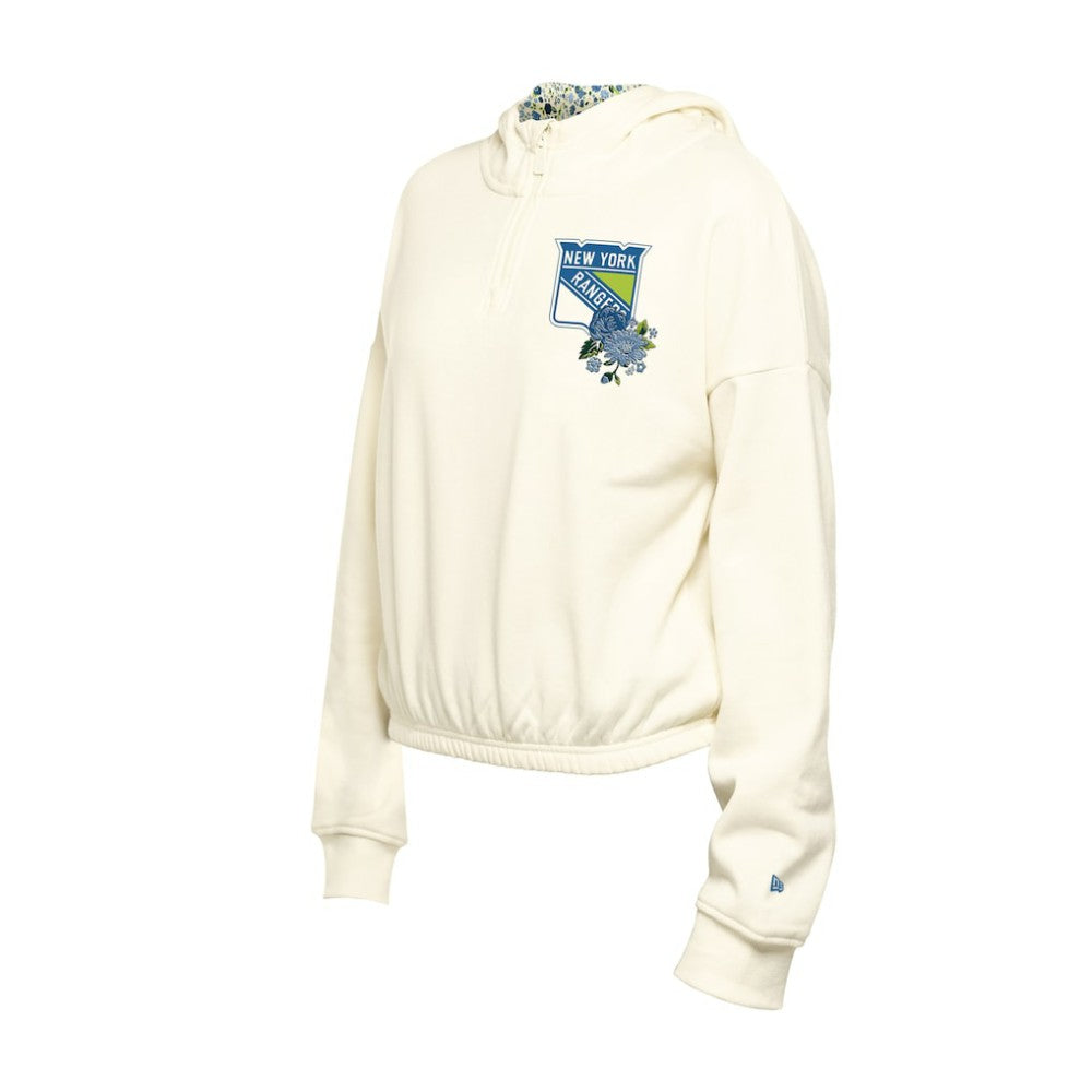 New York Rangers New Era Women's Glam Game Quarter-Zip Cropped Floral Hoodie Pullover Cream