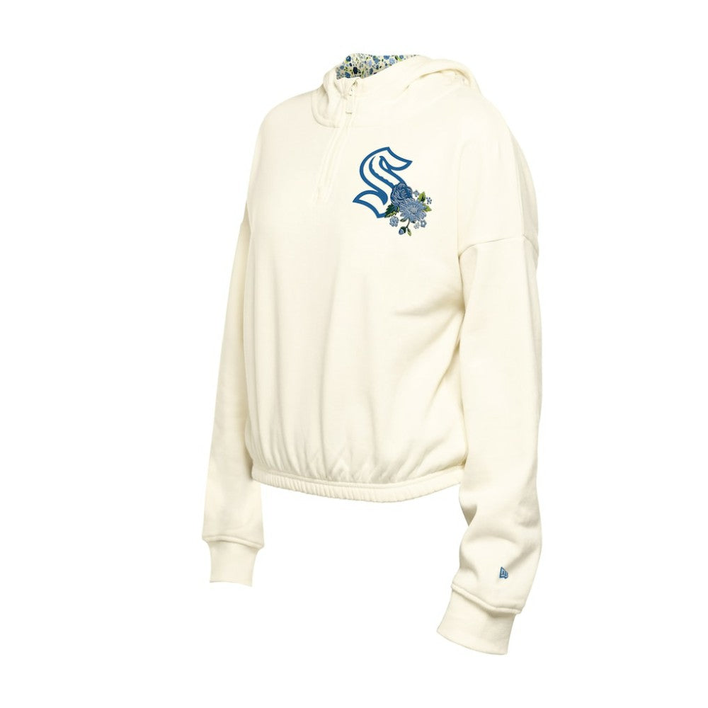 Seattle Kraken New Era Women's Glam Game Quarter-Zip Cropped Floral Hoodie Pullover Cream