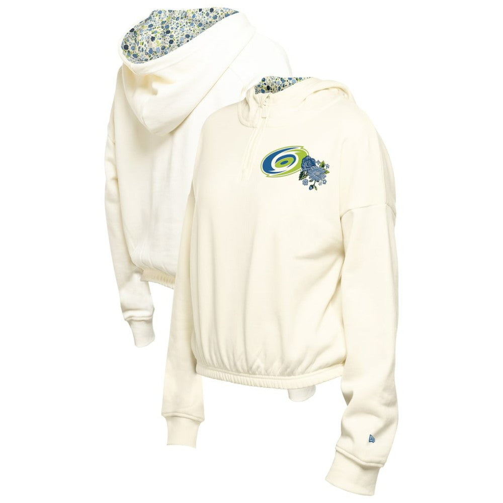 Carolina Hurricanes - New Era Women's Glam Game Quarter-Zip Cropped Floral Hoodie Pullover Cream