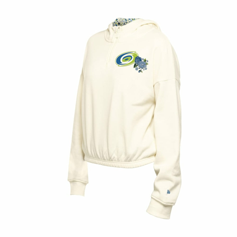 Carolina Hurricanes - New Era Women's Glam Game Quarter-Zip Cropped Floral Hoodie Pullover Cream