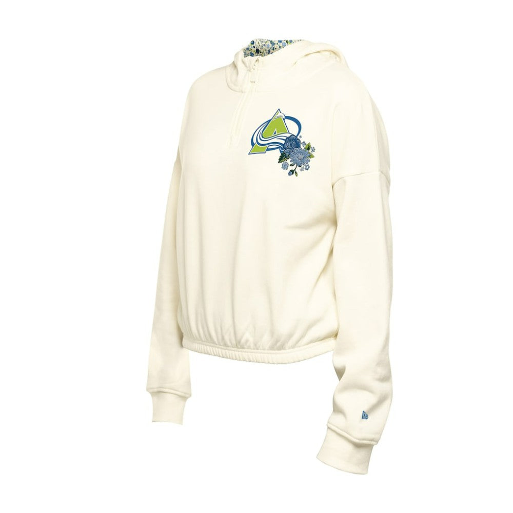 Colorado Avalanche - New Era Women's Glam Game Quarter-Zip Cropped Floral Hoodie Pullover Cream