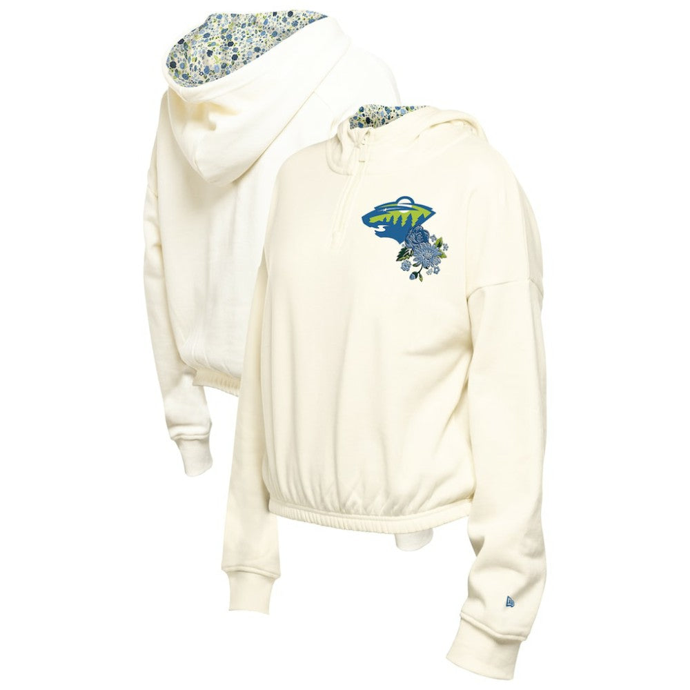 Minnesota Wild - New Era Women's Glam Game Quarter-Zip Cropped Floral Hoodie Pullover Cream