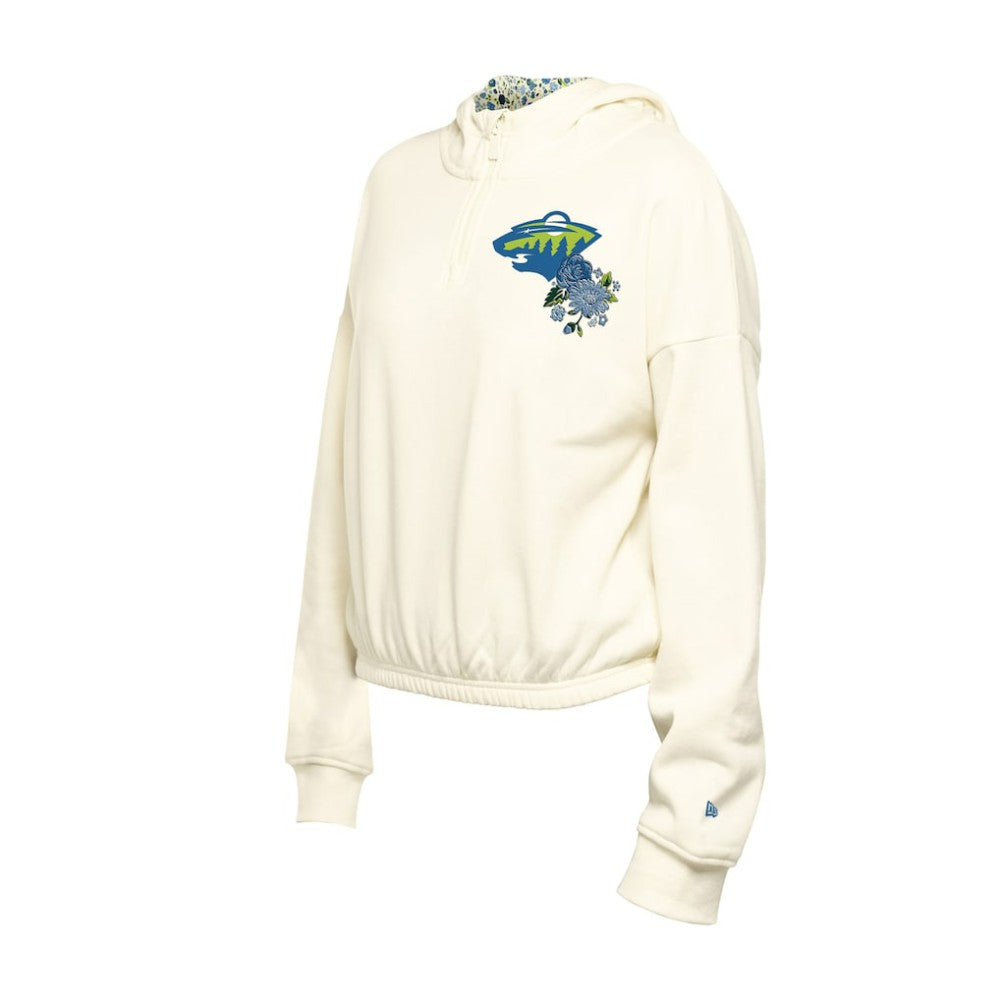 Minnesota Wild - New Era Women's Glam Game Quarter-Zip Cropped Floral Hoodie Pullover Cream