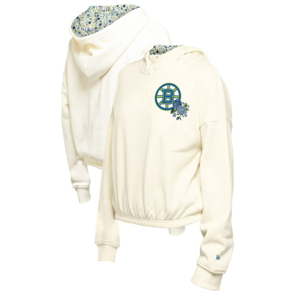 Boston Bruins New Era Women's Glam Game Quarter-Zip Cropped Floral Hoodie Pullover Cream