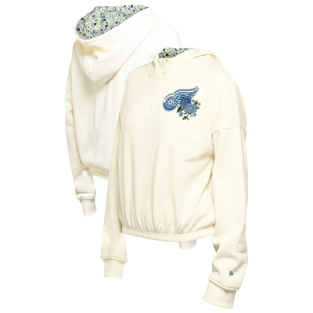 Detroit Red Wings - New Era Women's Glam Game Quarter-Zip Cropped Floral Hoodie Pullover Cream