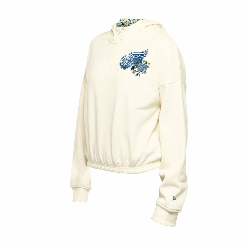 Detroit Red Wings - New Era Women's Glam Game Quarter-Zip Cropped Floral Hoodie Pullover Cream