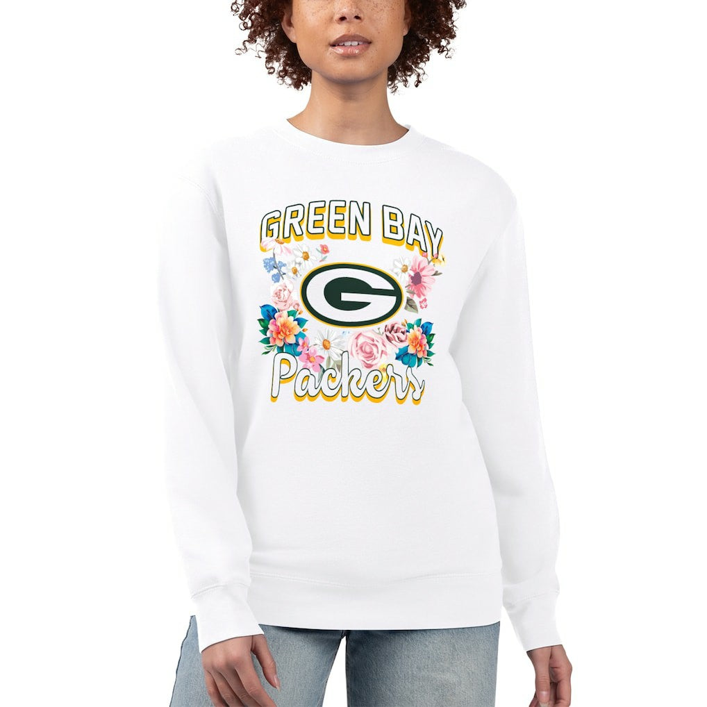 Green Bay Packers G-III 4Her by Carl Banks Women's Flower Logo Graphic Fleece Pullover Sweatshirt White - NFL