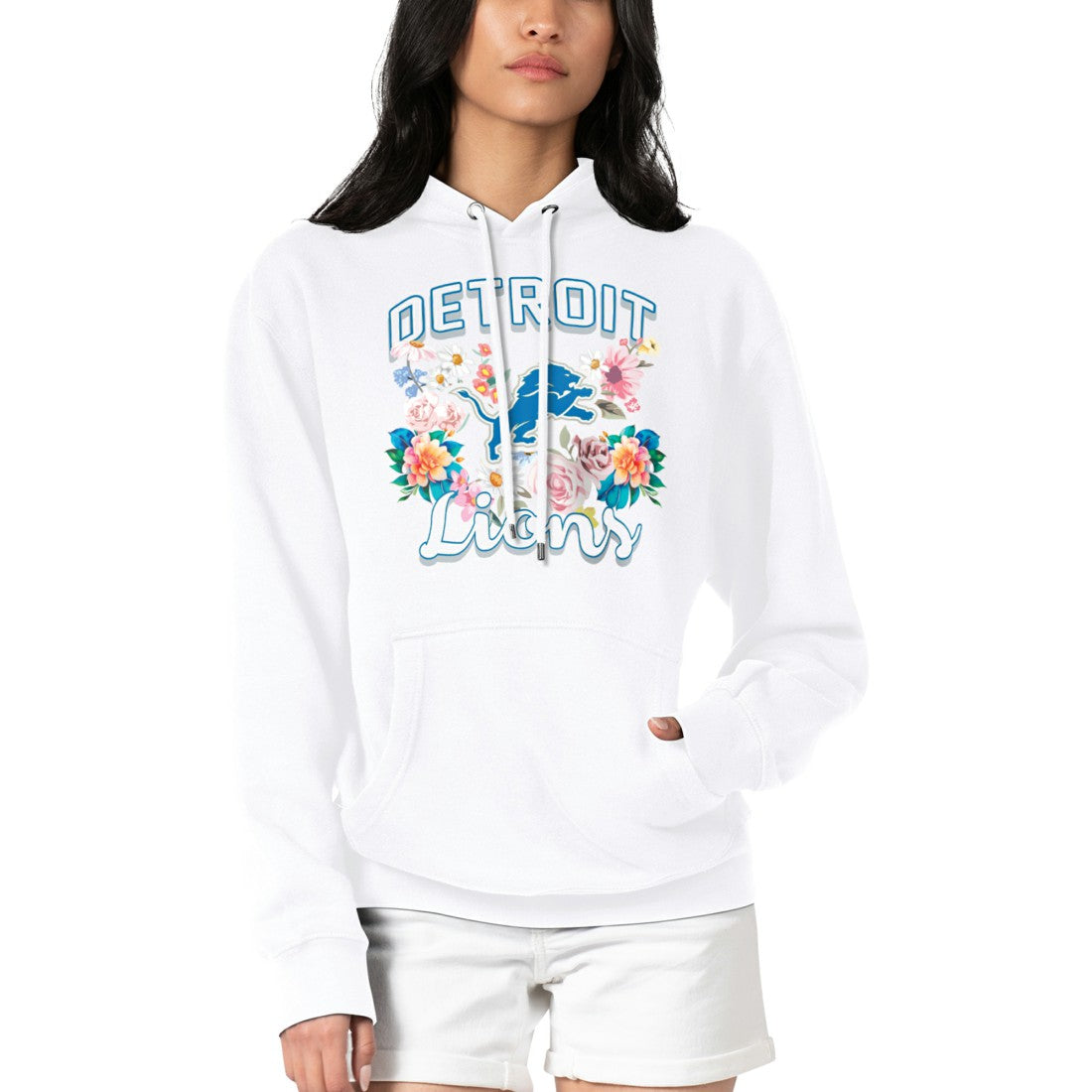 Detroit Lions G-III 4Her by Carl Banks Women's Flowers Team Logo Graphic Fleece Pullover Hoodie White - NFL