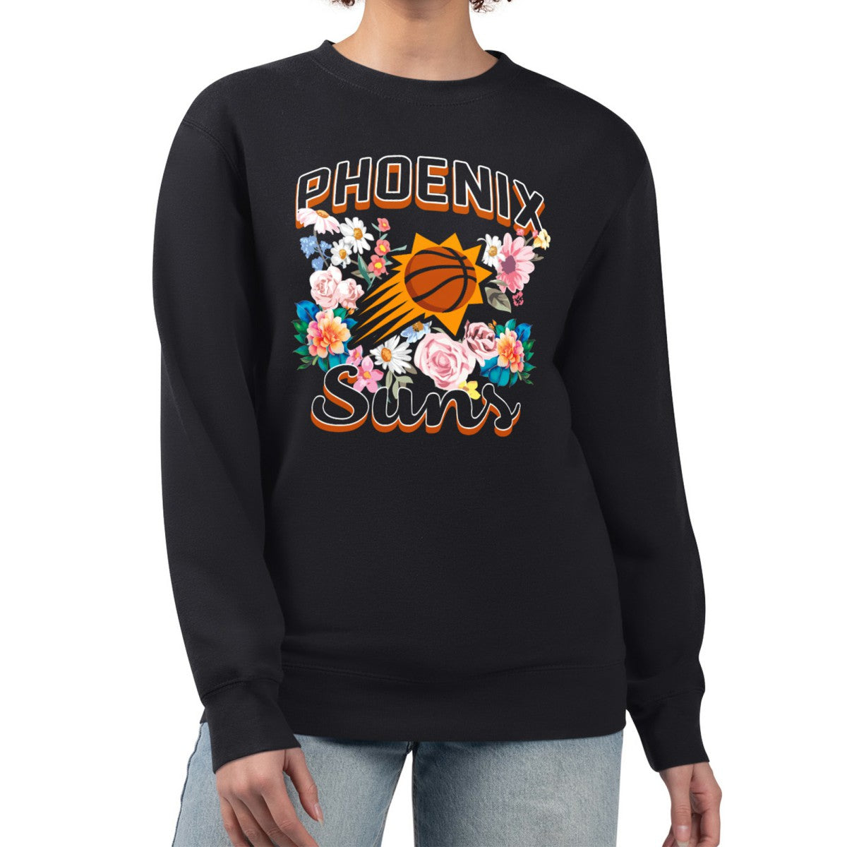 NBA - Phoenix Suns G-III 4Her by Carl Banks Women's Flowers Team Logo Graphic Fleece Crewneck Pullover Sweatshirt - Black