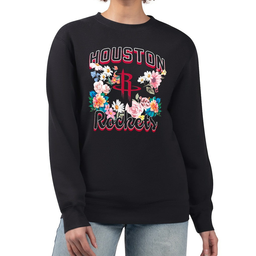 NBA - Houston Rockets G-III 4Her by Carl Banks Women's Flowers Team Logo Graphic Fleece Crewneck Pullover Sweatshirt - Black