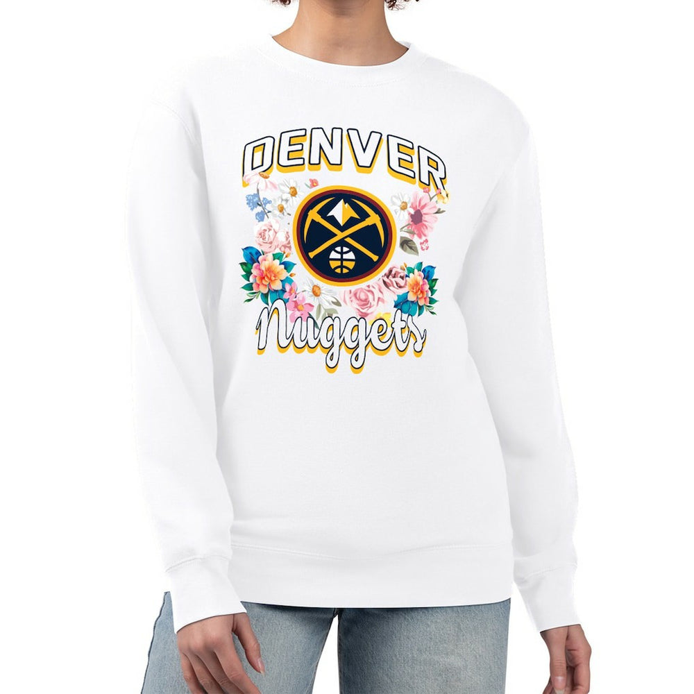 NBA - Denver Nuggets G-III 4Her by Carl Banks Women's Flowers Team Logo Graphic Fleece Crewneck Pullover Sweatshirt - White