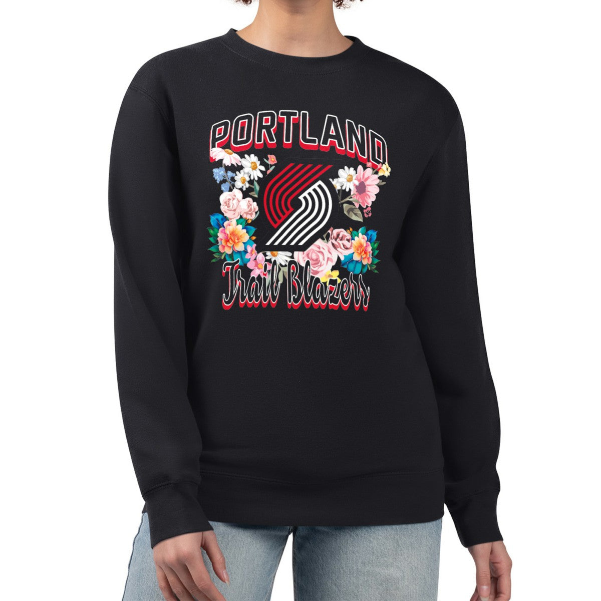 NBA - Portland Trail Blazers G-III 4Her by Carl Banks Women's Flowers Team Logo Graphic Fleece Crewneck Pullover Sweatshirt - Black