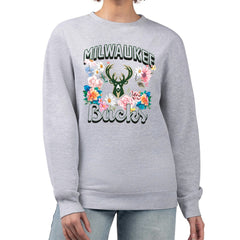 NBA - Milwaukee Bucks G-III 4Her by Carl Banks Women's Flowers Team Logo Graphic Fleece Crewneck Pullover Sweatshirt - Heather Gray