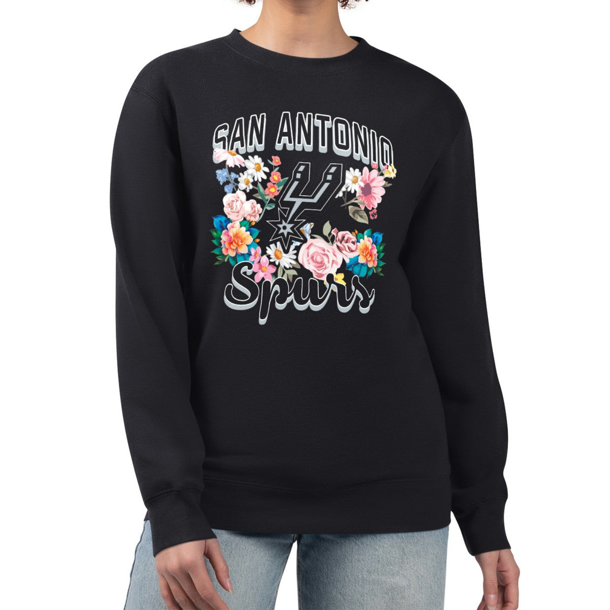 NBA - San Antonio Spurs G-III 4Her by Carl Banks Women's Flowers Team Logo Graphic Fleece Crewneck Pullover Sweatshirt - Black