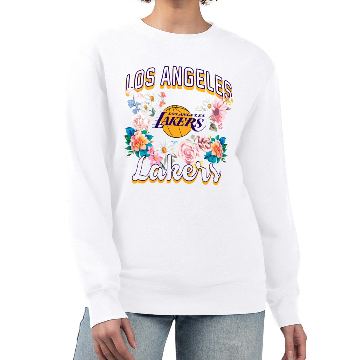 NBA - Los Angeles Lakers G-III 4Her by Carl Banks Women's Flowers Team Logo Graphic Fleece Crewneck Pullover Sweatshirt - White
