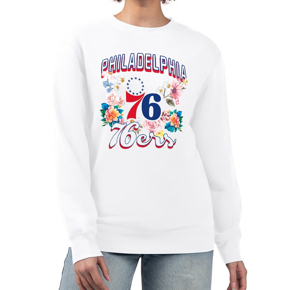 NBA - Philadelphia 76ers G-III 4Her by Carl Banks Women's Flowers Team Logo Graphic Fleece Crewneck Pullover Sweatshirt - White