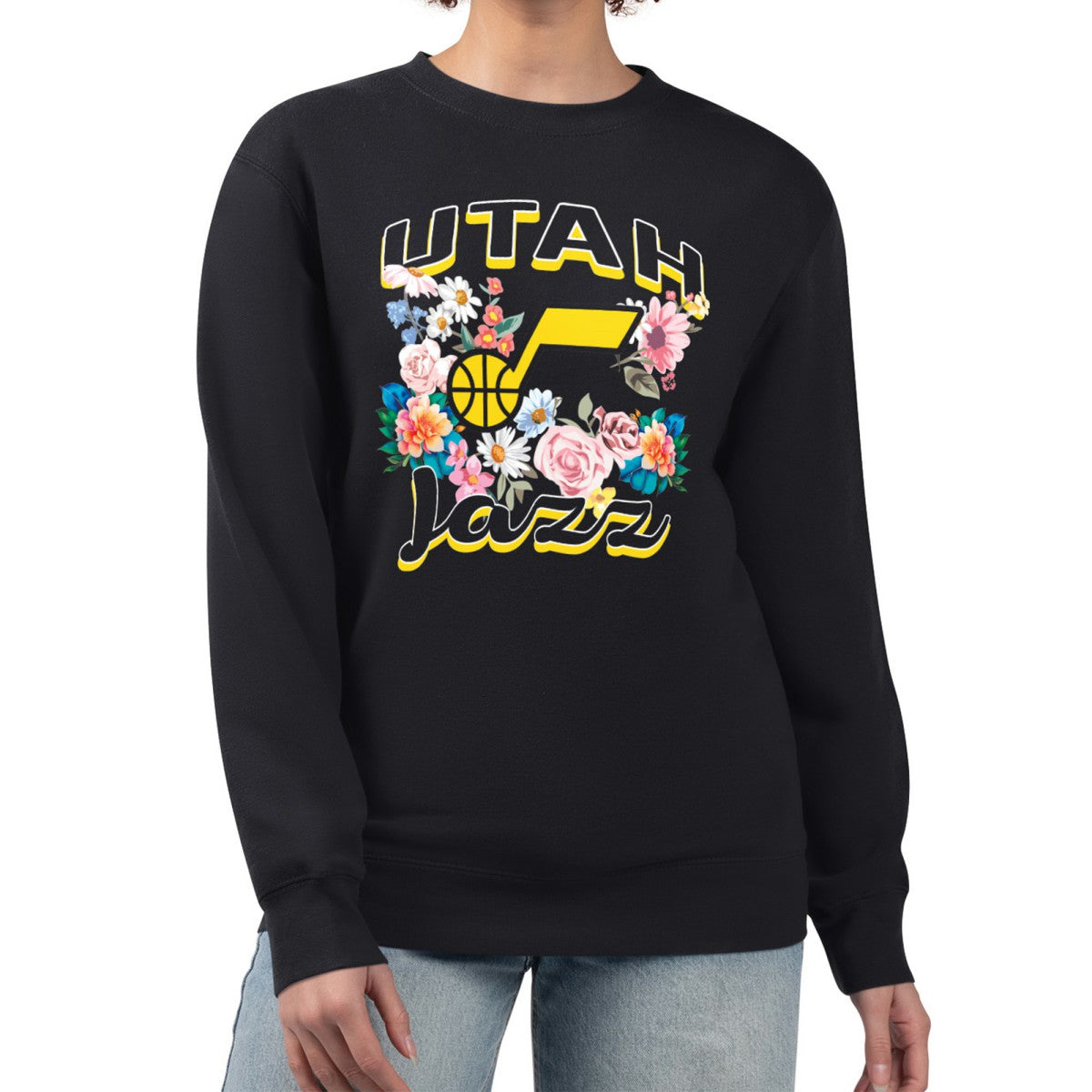 NBA - Utah Jazz G-III 4Her by Carl Banks Women's Flowers Team Logo Graphic Fleece Crewneck Pullover Sweatshirt - Black