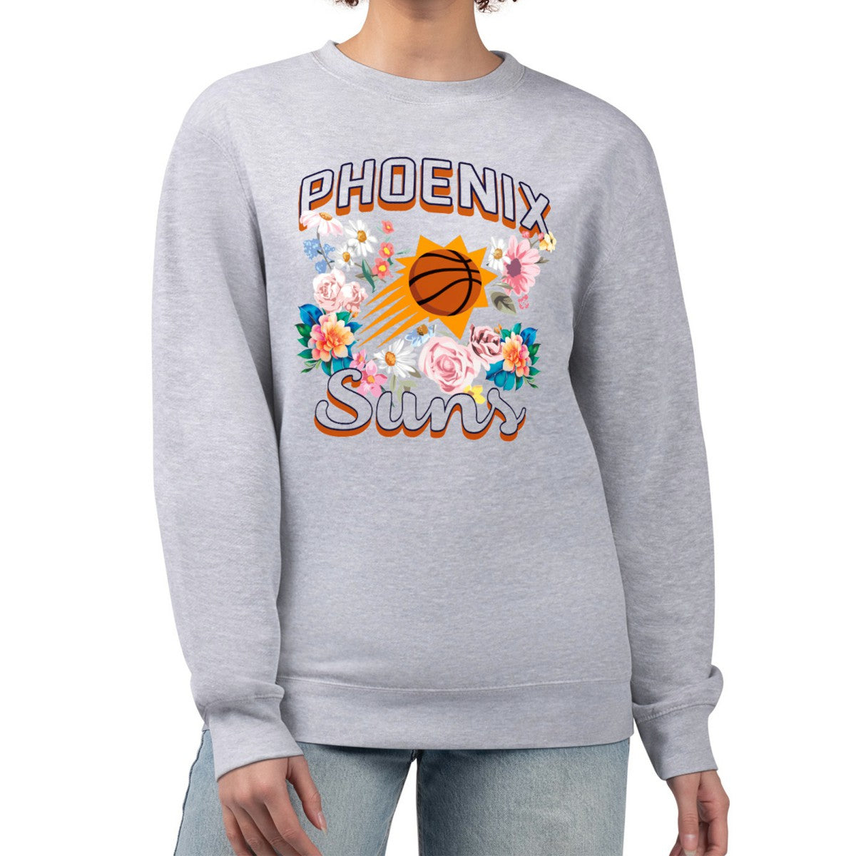 NBA - Phoenix Suns G-III 4Her by Carl Banks Women's Flowers Team Logo Graphic Fleece Crewneck Pullover Sweatshirt - Heather Gray