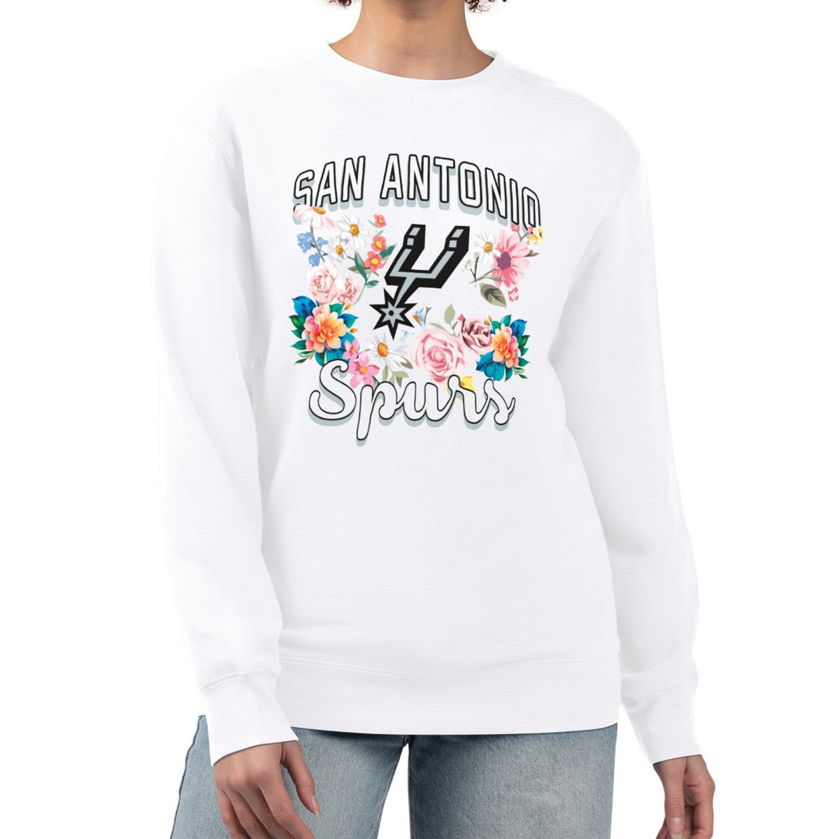 NBA - San Antonio Spurs G-III 4Her by Carl Banks Women's Flowers Team Logo Graphic Fleece Crewneck Pullover Sweatshirt - White