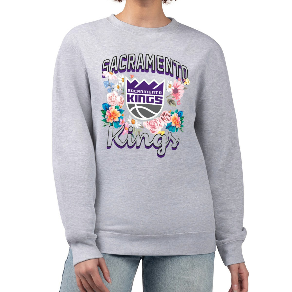 NBA - Sacramento Kings G-III 4Her by Carl Banks Women's Flowers Team Logo Graphic Fleece Crewneck Pullover Sweatshirt - Heather Gray